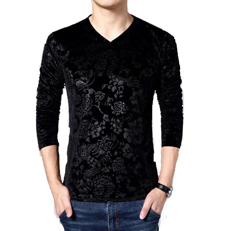 Men's Long-sleeved T-shirt V-neck Bottoming Shirt Gold Velvet Warm and Comfortable Slim Fit