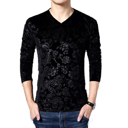 Men's Long-sleeved T-shirt V-neck Bottoming Shirt Gold Velvet Warm and Comfortable Slim Fit