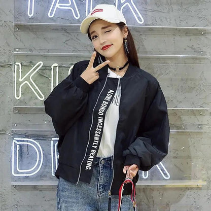 Baseball Jacket Women's Loose Short Solid Color Pocket Zipper Basic Jacket Autumn Plus Size Outerwear