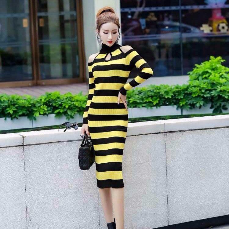 European and American Autumn  Winter Sexy Soff-shoulder Turtleneck Sweater Dress Long Slim Striped Knitted Dress Bottoming Pencil Dress