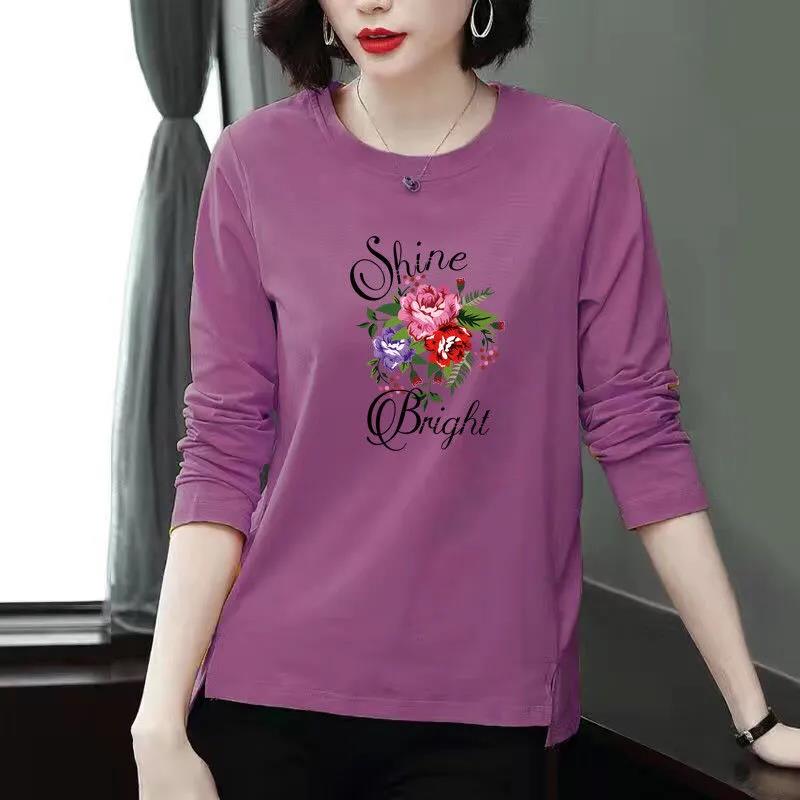Floral Print Long Sleeve T-shirt Casual Slit Bottoming Shirts Women Cotton Pullover