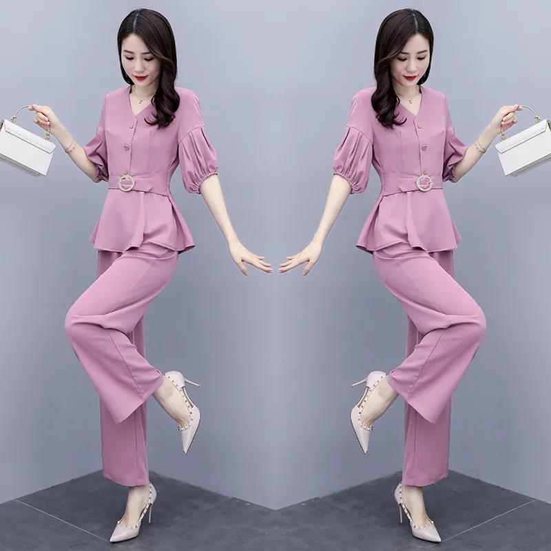 Ladies Chiffon Suit V-neck Waist Slimming Shirt Loose Wide-leg Pants Two-piece Loose and Thin Temperament Casual Two-piece Professional Wear