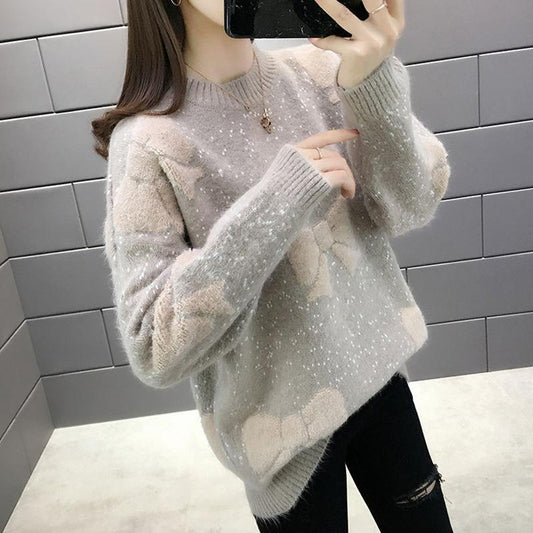 Half Turtleneck Sweater Women Autumn and Winter Loose Large Size Thick Net Red Bow Bottoming Sweater