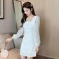 Autumn French Design Sense of Niche Temperament Skirt Is Thin Folds Square Collar White Waisted Celebrity Dress