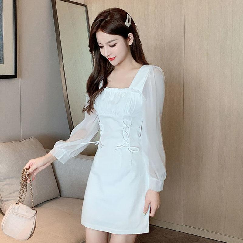 Autumn French Design Sense of Niche Temperament Skirt Is Thin Folds Square Collar White Waisted Celebrity Dress