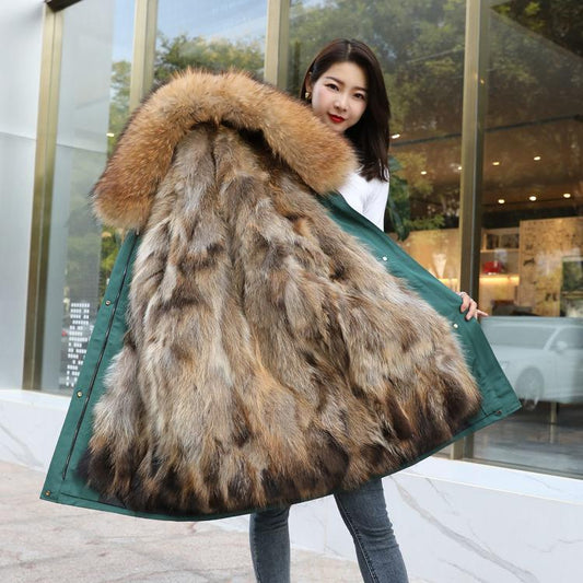 Winter Fashion Trend Raccoon Fur Liner Pie To Overcome Female Detachable Mid-length Coat Fur Coat