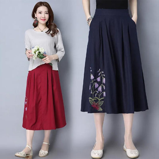 Cotton Linen Skirt Ethnic Style Women's Elastic Waist Embroidered Flower Chinese Style Four Seasons Skirt with Pockets