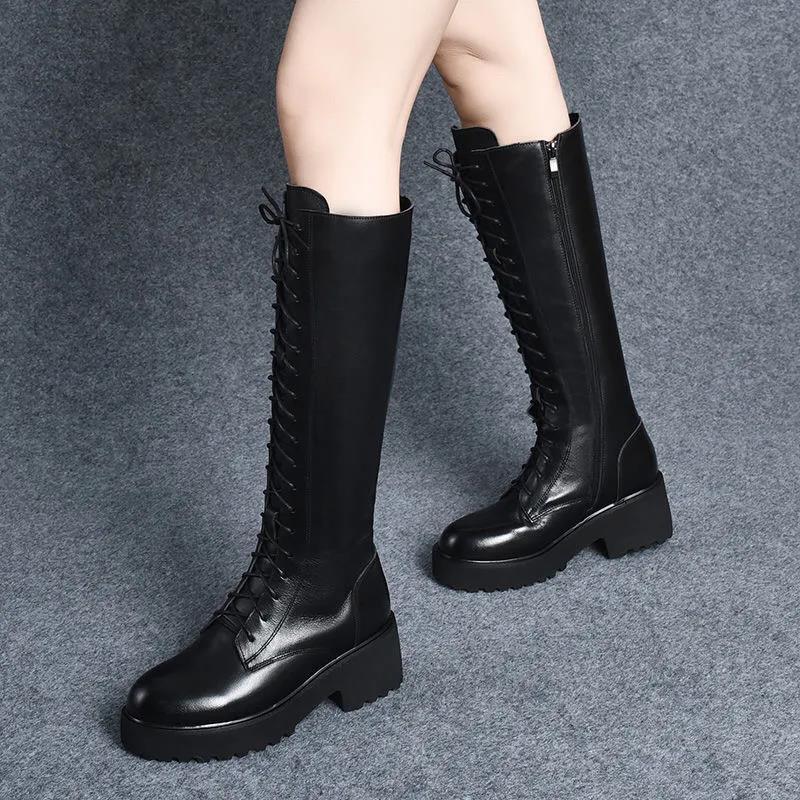 Women's Soft Leather Warm Snow Boots Autumn and Winter Large Size Plush Thick-soled Long Martin Boots