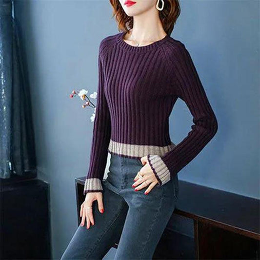 Short Round Neck Knit Bottoming Shirt Sweater Women Spring and Autumn Elastic Slim Fit Jacket Long Sleeves Western Style