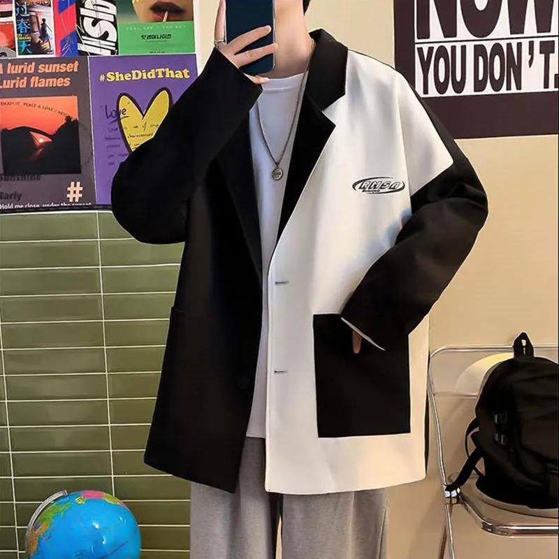 High-quality Contrast Color Stitching British Style Suit Men's Autumn Casual Loose Suit Jacket Long-sleeved Warm Mid-length Windbreaker