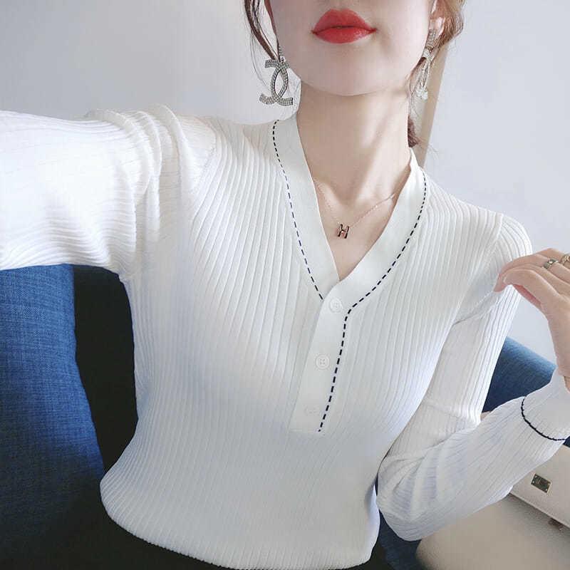 Sweater Long-sleeved Knitted Sweater Women's V-neck Slim Thin T-shirt All-match Sweater Slimming Top Women's Korean Style