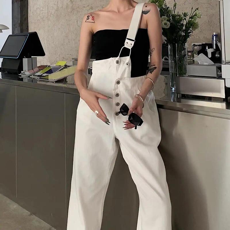 One-shoulder Overalls Female Student Jeans Autumn  Summer Black  White Pants Loose Thin High-waisted Wide-leg Pants