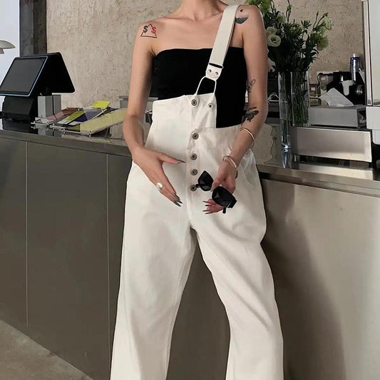 One-shoulder Overalls Female Student Jeans Autumn  Summer Black  White Pants Loose Thin High-waisted Wide-leg Pants