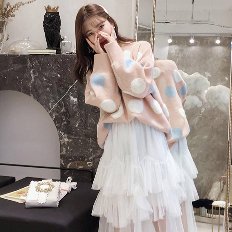 Big Wave Point Pullover Sweater Women's Loose Korean long-sleeved Round Neck Warm Sweater
