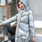 Women Thickened Bright Bread Down Parka Coat Loose Pink Silver Hooded