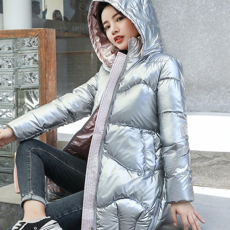 Women Thickened Bright Bread Down Parka Coat Loose Pink Silver Hooded