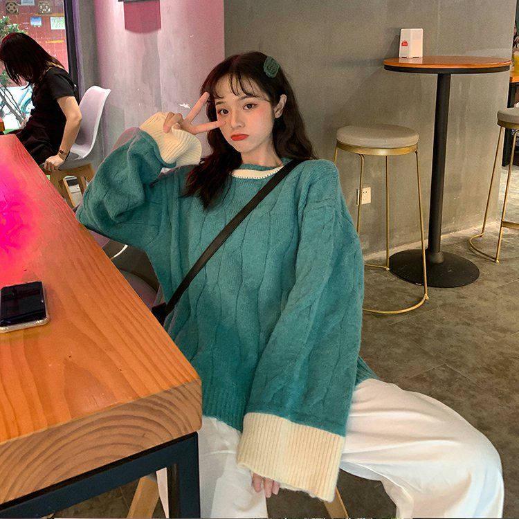 Knitted Pullover Sweaters Korean Style Autumn Women's Clothing Panelled Oversize Tops Long Sleeve