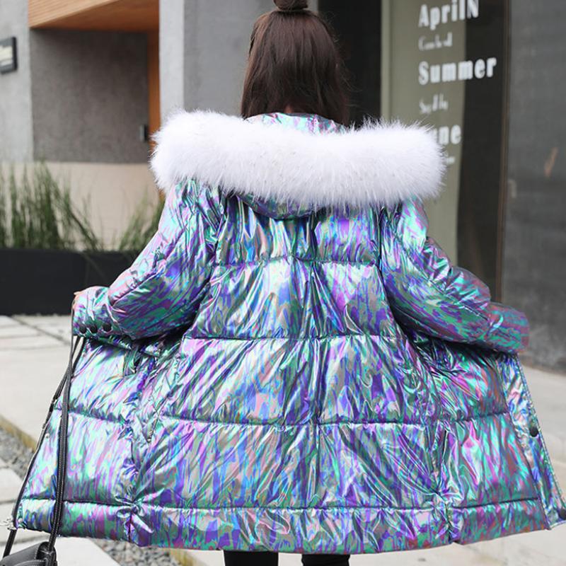 Women's Bright Face Hooded Down Jacket Mid-length Korean Loose Thick Coat Warm Cotton Coat Large Wool Collar Winter Quilted Coat