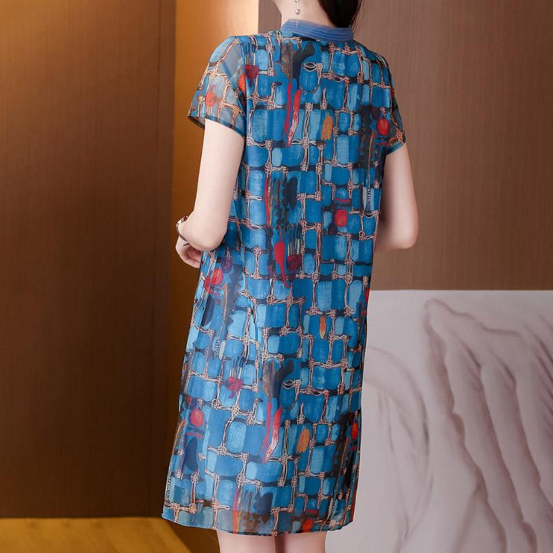 Summer Loose Mid-length Knitted Net Yarn Large Size Slimming Printed Fashion Dress Women