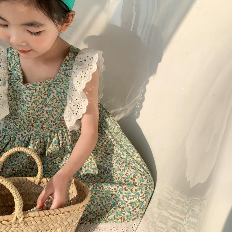 Spring and Summer Girl's Printing Lovely Skirt Baby Lace Shoulder Skirt Children's Dress Idyllic Style