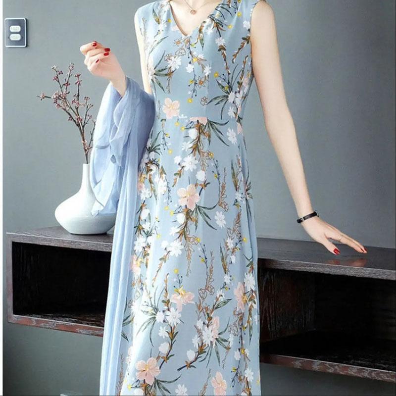 Chiffon Dress Tulle Long Cardigan Two-piece Set Women's Summer Sleeveless Floral Priting Dress+Sunscreen Thin Coat Elegant Anti-UV Sun Dress Suit