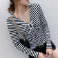 Women's Spring and Autumn Long Sleeve Bottoming Shirt Striped V-Neck Slim Top