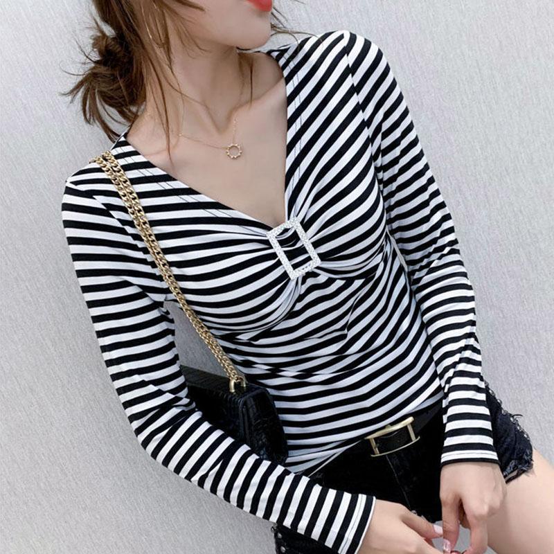 Women's Spring and Autumn Long Sleeve Bottoming Shirt Striped V-Neck Slim Top