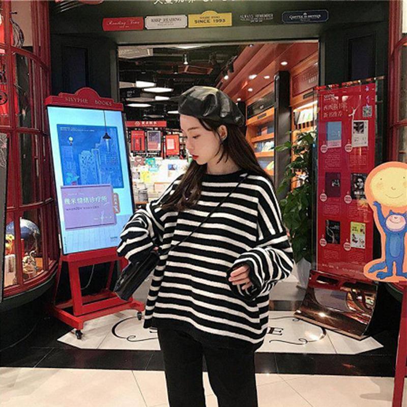 Color Striped Loose Striped Stretch Sweater Long Sleeve Round Neck Mesh Sweater Women