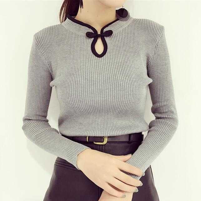 Winter China Style Traditional Buckle Bottom Sweater Retro Slim Knit Shirt Pullover Bodycon