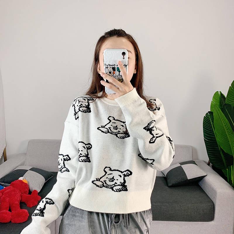Yarn Knitted Sweater Women Fall Korean Style Cartoon Winnie The Pooh Pullover Black Knitwear