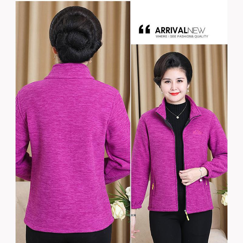 Middle-aged Elderly Women's Polar Fleece Sports Jacket Spring and Autumn Stand Collar Loose Outdoor Casual Sweatshirt Fleece Solid Color Short Top