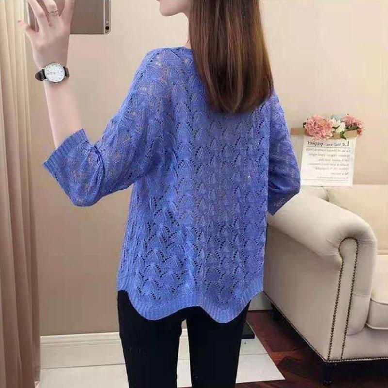 Women's Thin Hollow Knitted Sweater Three-quarter Sleeve Bottoming Shirt Loose Pullover Hollow Short-sleeved Sunscreen Top