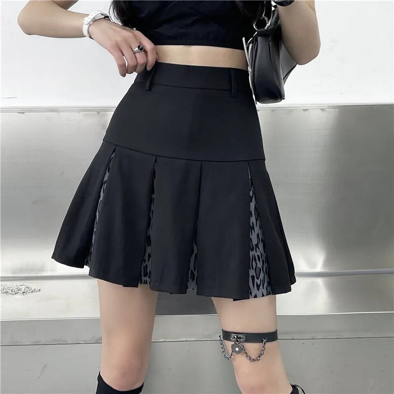 Skirts Womens Black Leopard Print Pleated Skirt Summer Club Mini Skirt Slim High Waist Casual Short A-line Skirts