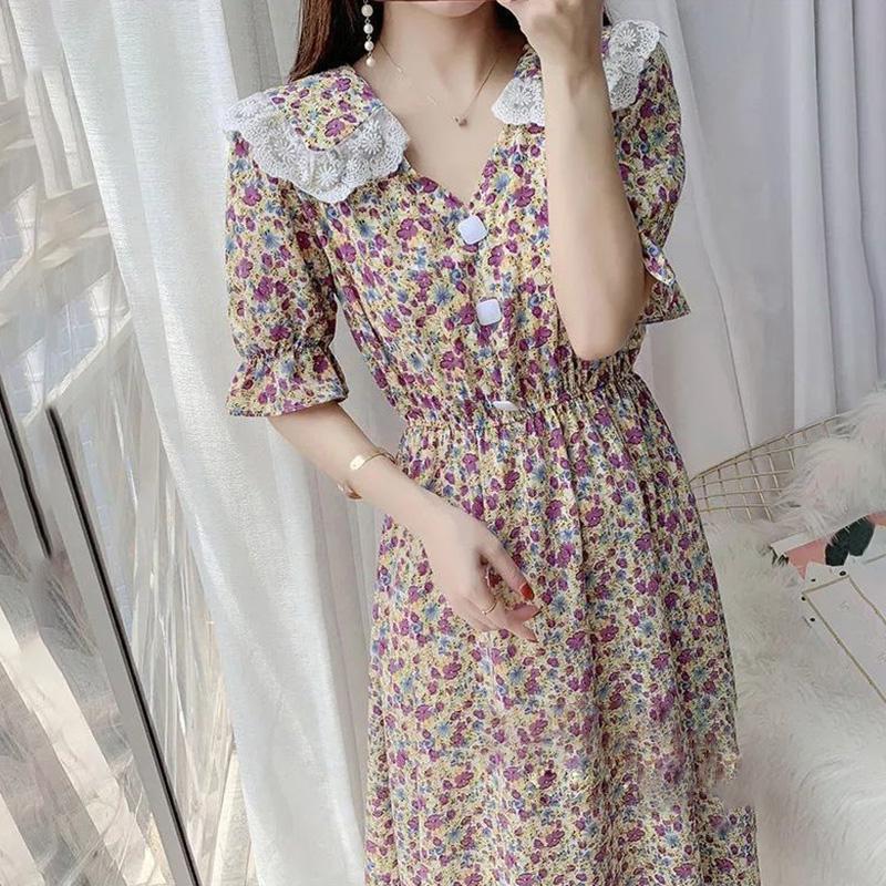Chiffon Floral Dress Female Waist Is Thin, Temperament Gentle Wind Lace Stitching Princess Skirt Chiffon Long Dress Large Skirt