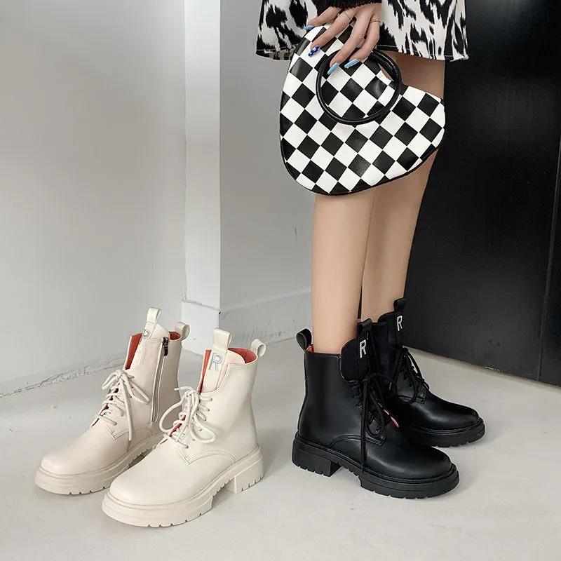 Martin Boots Women's Shoes Were Thin Autumn Beige Black Thick-soled Heightened Short Boots British Style Motorcycle Women's Boots