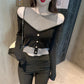 Spring and Autumn Fashion One-shoulder Top Slim Long-sleeved Sexy Sweater Fashion Stitching Strapless Jacket