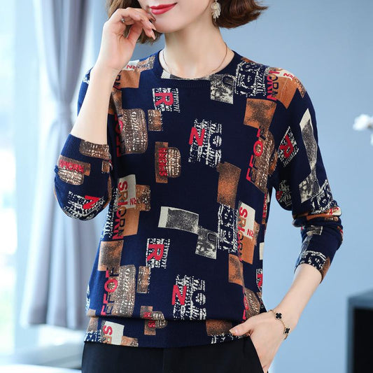 Autumn and Winter Ladies Fur Round Neck Bottoming Shirt Fashion Printing Shirt Sweater