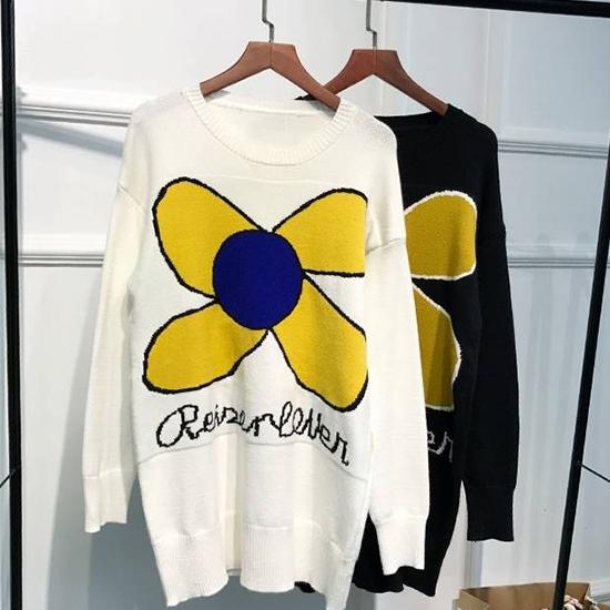 Pofulove 2 Colors The Long Section Over Size Loose Flower Printed Girly Sweet Pullover Sweater