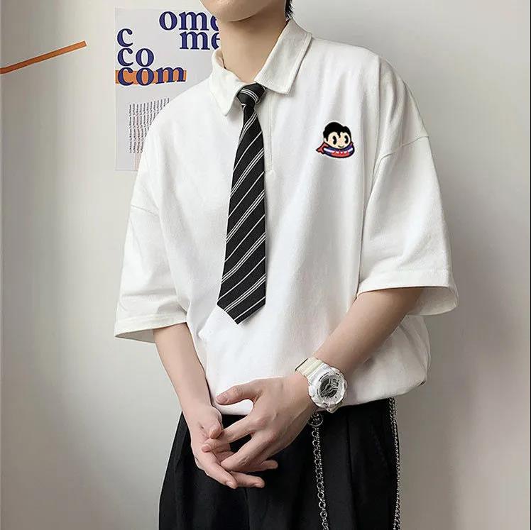 Short-sleeved T-shirt Male Ins Trend Summer T-shirt All-match Lapel  Shirt Leads Loose Young People