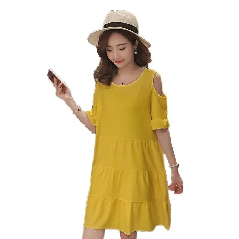 Women's Mid-length Loose Off-shoulder Round Neck Short-sleeved Dress Loose Simple Style Fabric Light and Breathable Comfortable Loose Dress