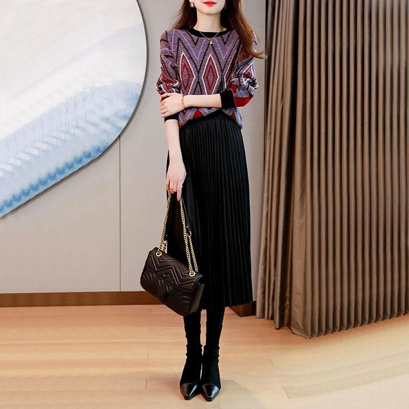 Sweater Women's Round Neck Jacquard Pullover Rhombus Check Retro Knitwear Korean Loose Top Trending Sweater Autumn and Winter