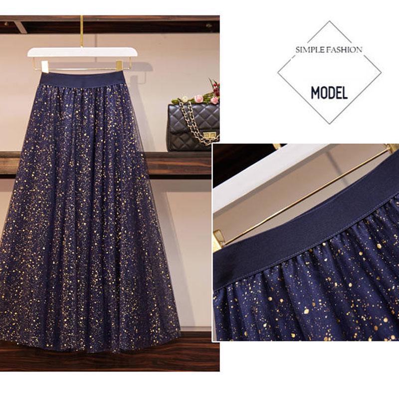 Plus Size Skirt Set Summer Sequin T-shirt Mesh Gown Sparkling Long Skirt Two-piece Suit