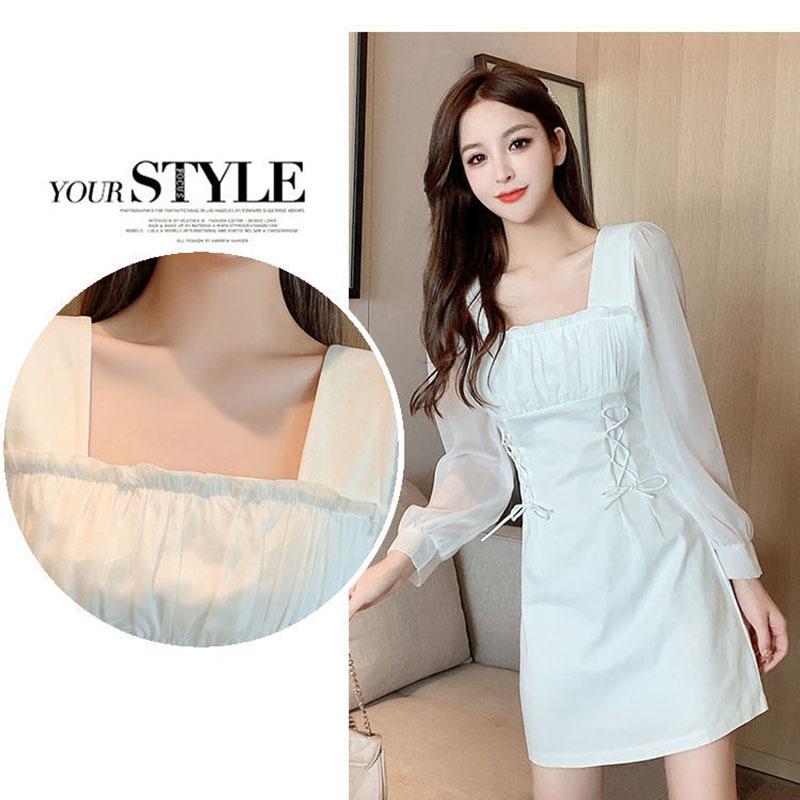 Autumn French Design Sense of Niche Temperament Skirt Is Thin Folds Square Collar White Waisted Celebrity Dress
