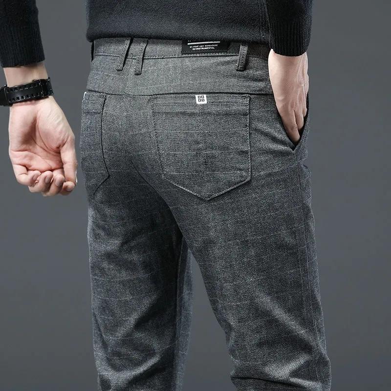 Men's Casual Cotton Linen Pants Business Plaid Trousers Straight Slim Long Pants Spring and Autumn Office Casual Pants