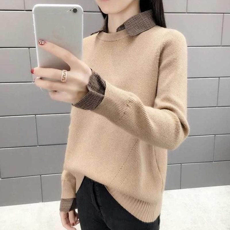 Autumn Winter knit Sweater Women Loose Pullover Sweater Korean Fake Two-piece Sweater Top for Student Office Ladies