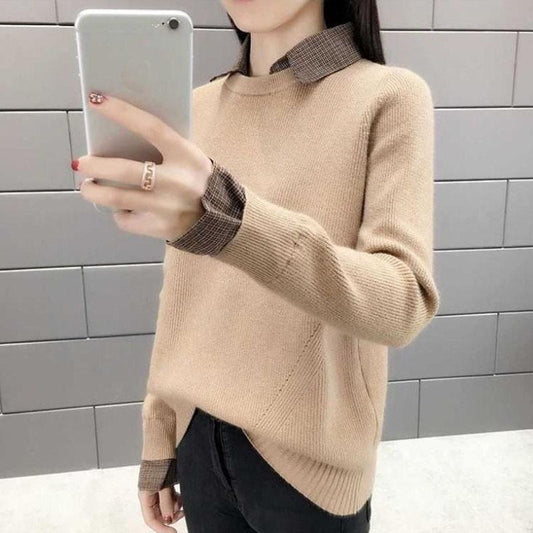 Autumn Winter knit Sweater Women Loose Pullover Sweater Korean Fake Two-piece Sweater Top for Student Office Ladies