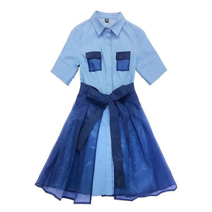 2pcs/set Women's Skirt Suit Summer Mid-sleeve Shirt Dress Net Yarn A-line Skirt Two-piece Suit