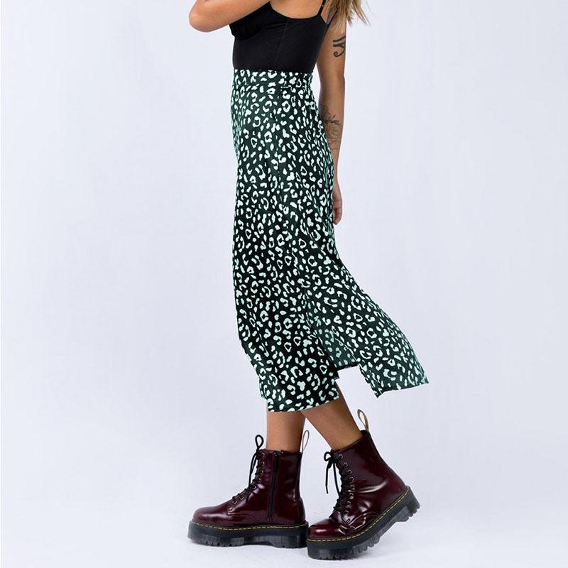 Women's Spring Summer Leopard Print Chiffon Print Split Skirt European and American Style Zipper High Waist Long Skirts Large Size Loose Thin Skirt