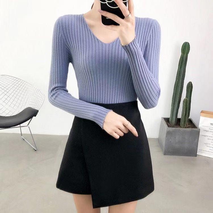 Pofulove Sweater Women's Slim Stretch V-neck Long-sleeved Jumper Bottoming Sweater Wild Shirt