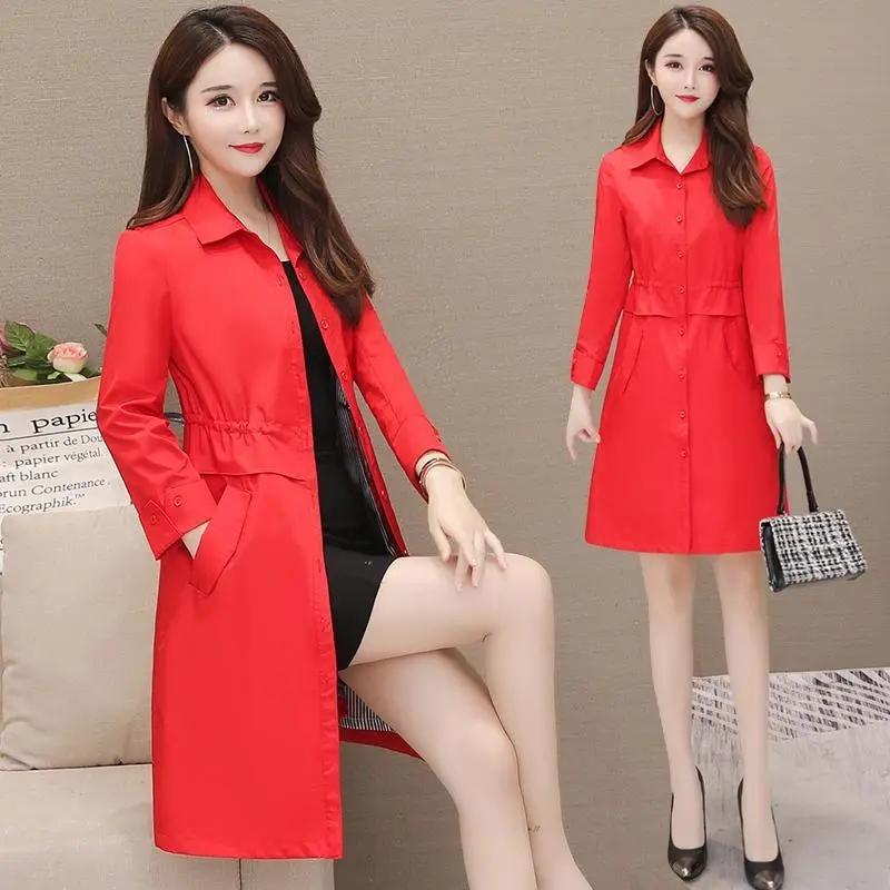 Women's Windbreaker Mid-length Spring and Autumn Solid Color Korean Version Slim Waist Tightening Large Size Slim Coat